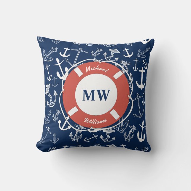 Nautical Monogram Navy Blue Anchor Mönster Kudde (Framsida)