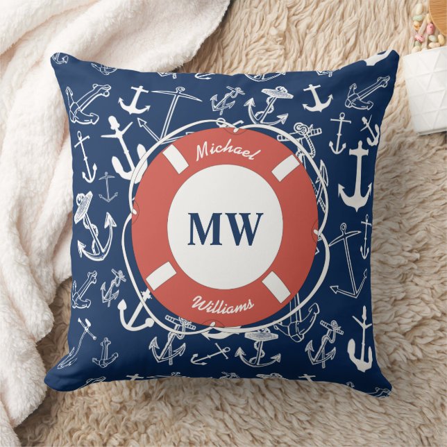 Nautical Monogram Navy Blue Anchor Mönster Kudde (Filt)