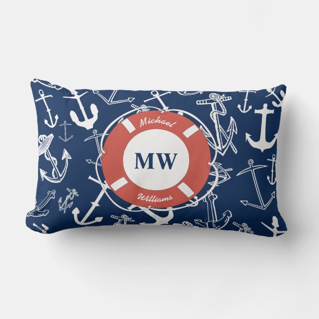 Nautical Monogram Navy Blue Anchor Mönster Lumbarkudde (Framsida)