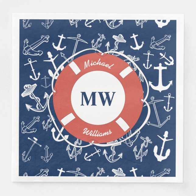 Nautical Monogram Navy Blue Anchor Mönster Pappersservett (Framsida)