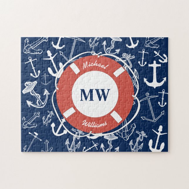 Nautical Monogram Navy Blue Anchor Mönster Pussel (Horisontell)