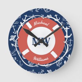 Nautical Monogram Navy Blue Anchor Mönster Rund Klocka