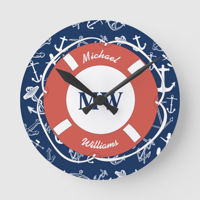 Nautical Monogram Navy Blue Anchor Mönster Rund Klocka (Framsida)