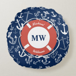 Nautical Monogram Navy Blue Anchor Mönster Rund Kudde