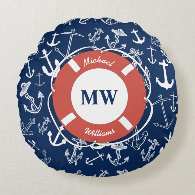 Nautical Monogram Navy Blue Anchor Mönster Rund Kudde (Framsidan)