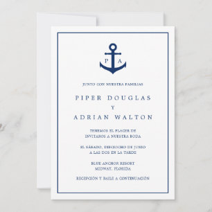 Nautical Monogram Navy Blue Anchor Spain Bröllop Inbjudningar