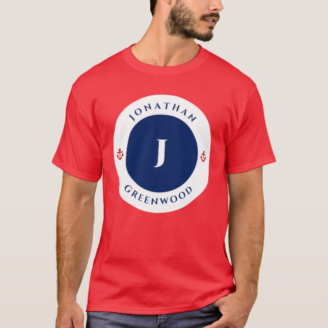 Nautical Monogram Navy Blue Red Anchor Circle T Shirt (Framsida)