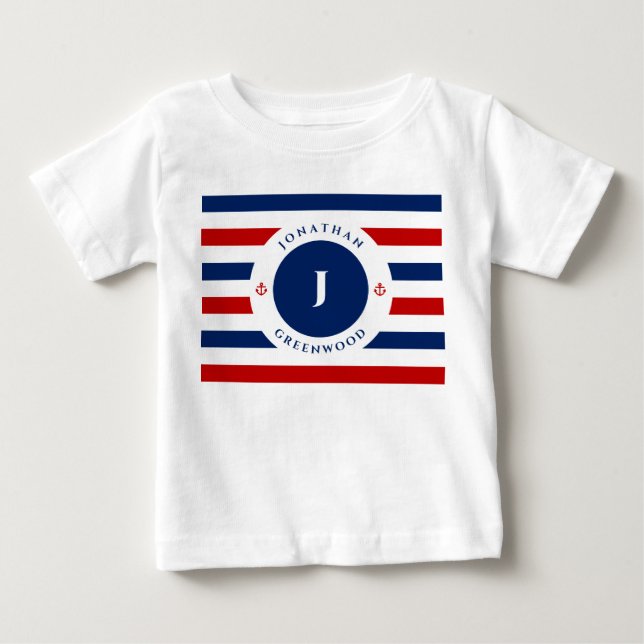 Nautical Monogram Navy Blue White Rand T Shirt (Framsida)