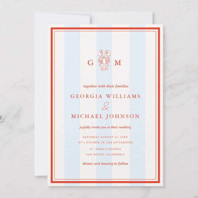 Nautical Monogram Red Blue Lobster Coastal Wedding Inbjudningar (Framsida)