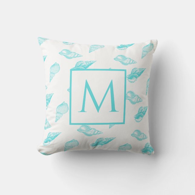 Nautical monogram Seashell Snäckas Aqua Teal Blue Kudde (Framsida)
