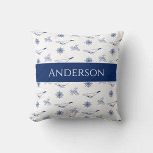  Nautical monogram Whales och octopus navy White Kudde