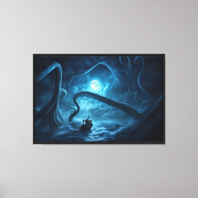 Nautical Monster Kraken Fishing Boat Dramatic Canvastryck (Framsida)
