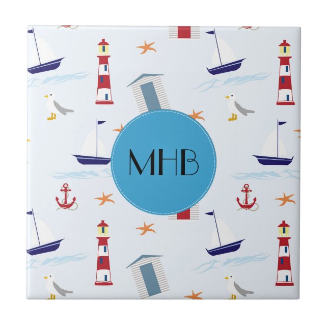 Nautical Mönster, Marine Mönster, Monogram Kakelplatta (Framsidan)