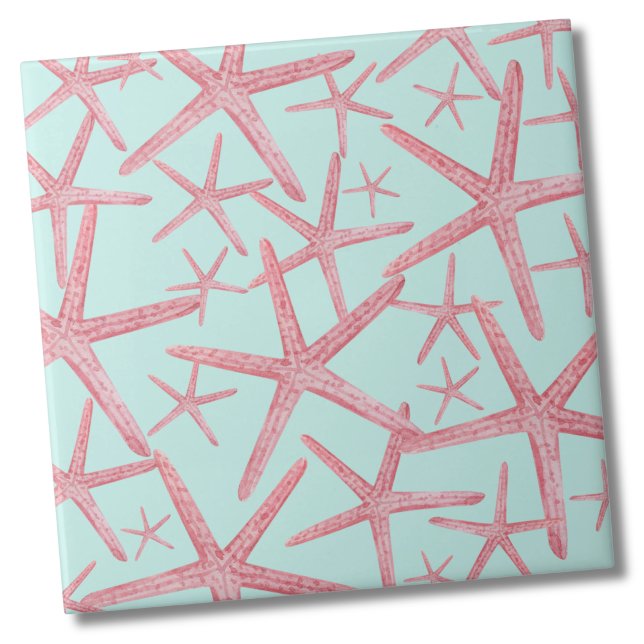 Nautical Mönster Starfish Beach House Kakelplatta (Teal Pink Nautical Starfish Sea Beach Pattern Ceramic Tile)