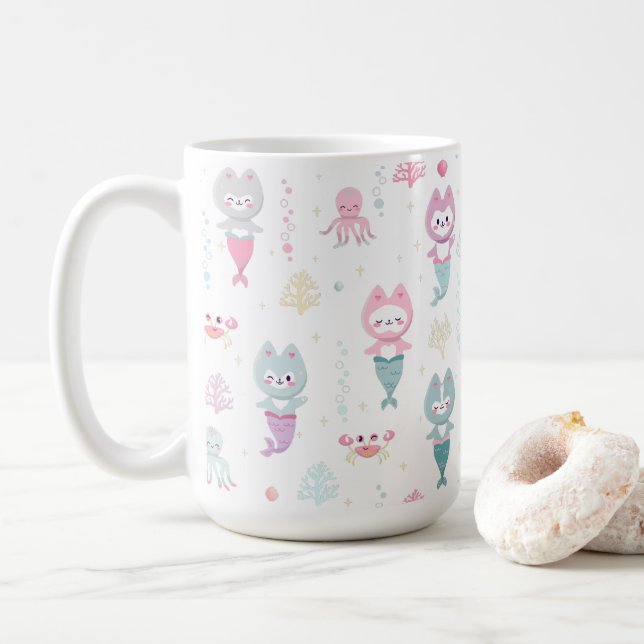 Nautical Mugg dekorerade med söta sjöjungfruar kat (Med munk)