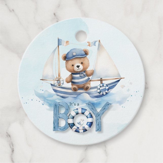 Nautical Nalle Boy Baby Shower Gåvor Etiketter (Framsida)