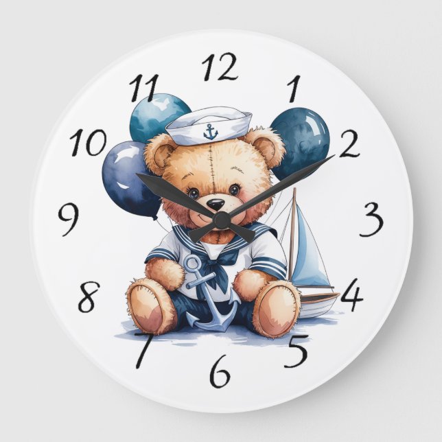 Nautical Nalle Delight Boy Baby Shower Gift Stor Klocka (Framsida)