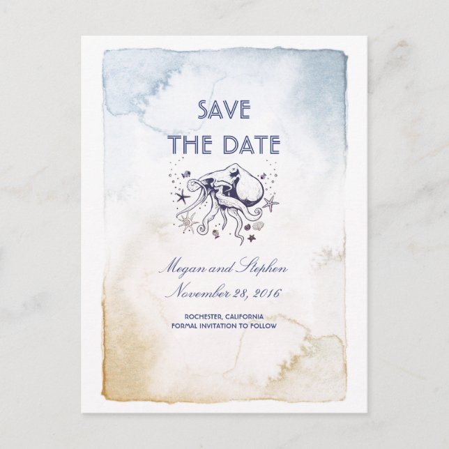 Nautical Navy Akvareller - Octopus Save the Date Meddelande Vykort (Framsida)