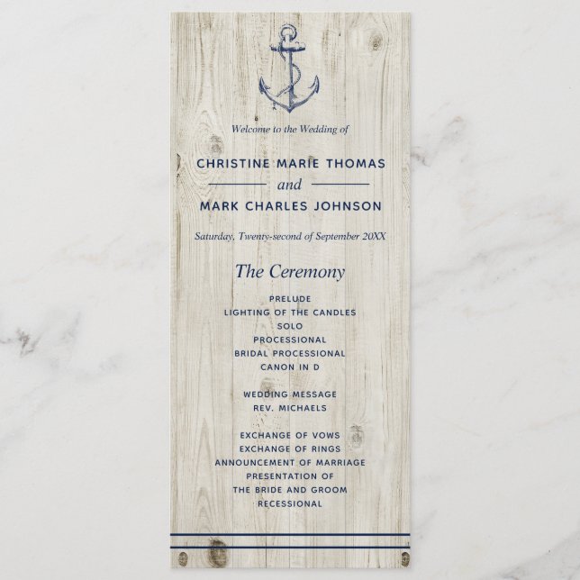 Nautical Navy Anchor Rustic Wood Bröllop Program (Framsida)
