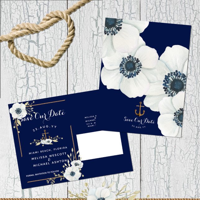 Nautical Navy + Anchor Vit Anemon Save the Date Meddelande Vykort (Budget-Friendly Nautical Save The  Date with White Anemone | Customize On Screen Now!)