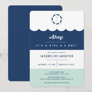 Nautical Navy and Mint Ahoy Twillingars Chic Baby Inbjudningar