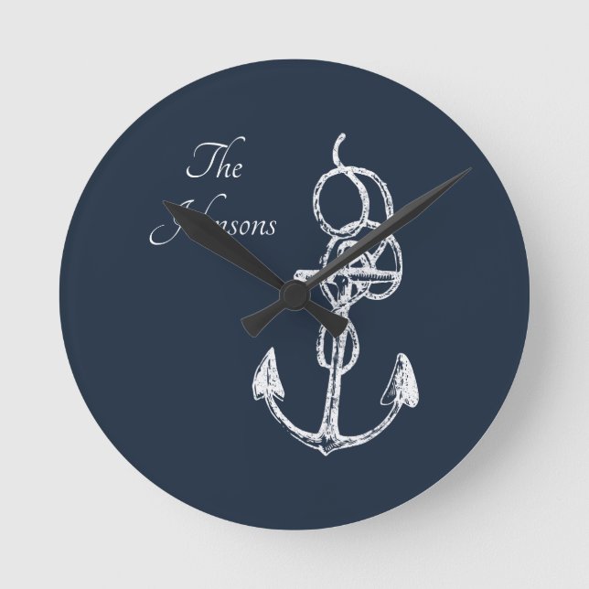 Nautical Navy Anpassningsbar Family Namn Anchor Tr Rund Klocka (Framsida)