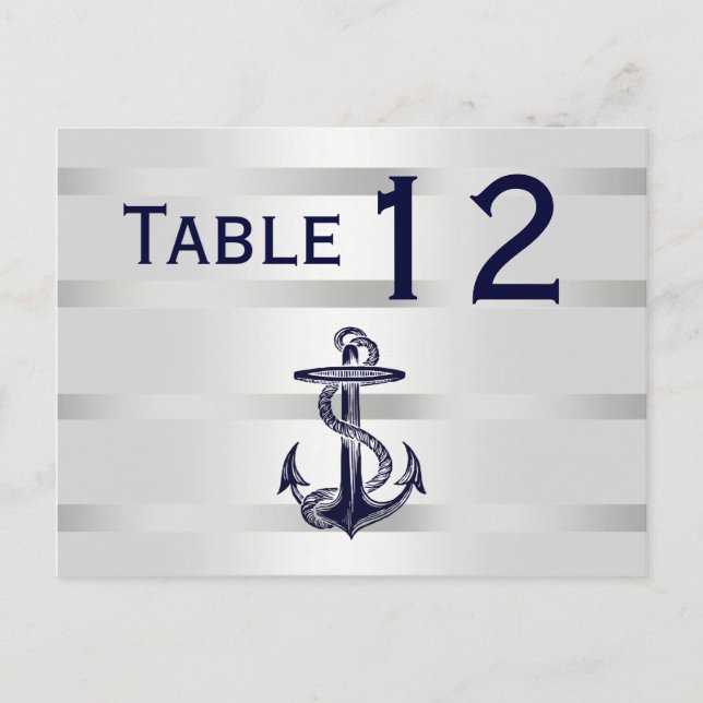 Nautical Navy Blå Ankar Silver Vit H Bord Nummer Vykort (Framsida)