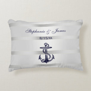 Nautical Navy Blu Anchor Silver White Prydnadskudde