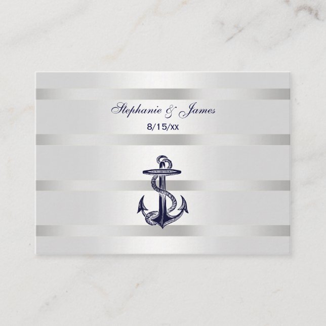 Nautical Navy Blu Anchor Silver Wht Place Cards #2 Placeringskort (Framsida)