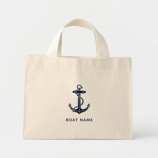 Nautical Navy Blue Anchor Boat Name Custom Mini Tygkasse (Framsidan)