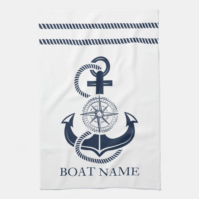 Nautical Navy Blue Anchor Boat Namn Kökshandduk (Vertikal)