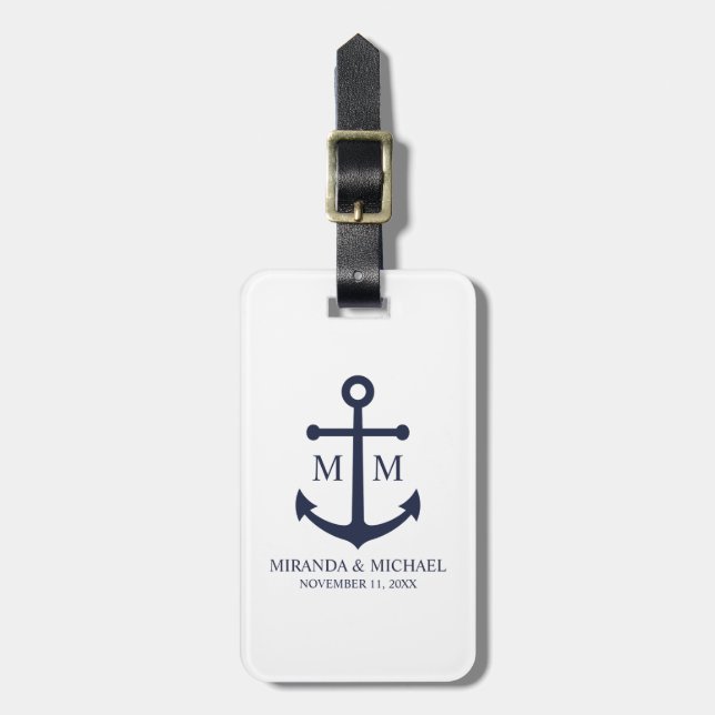 Nautical Navy Blue Anchor Bröllop Bagagebricka (Vertikal Framsida)