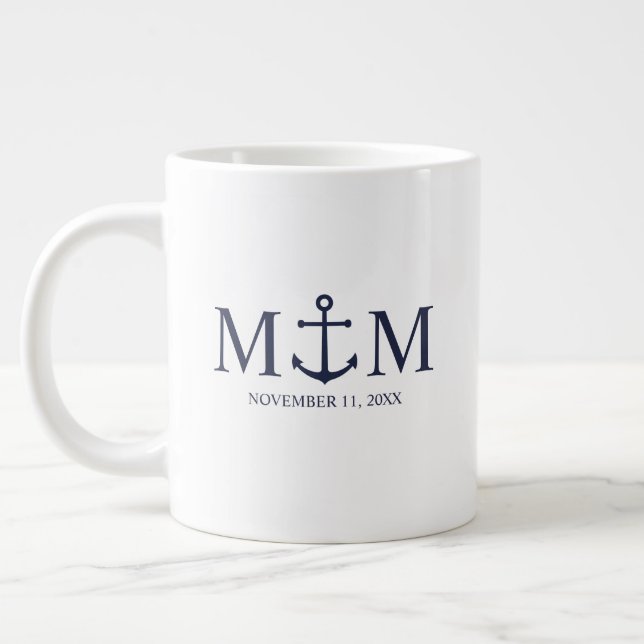 Nautical Navy Blue Anchor Bröllop Jumbo Mugg (Vänster)