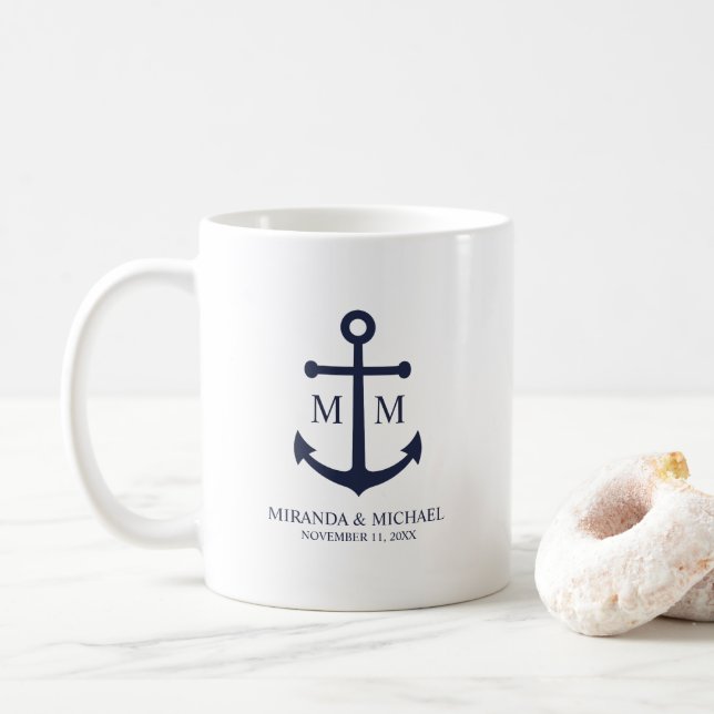 Nautical Navy Blue Anchor Bröllop Kaffemugg (Med munk)