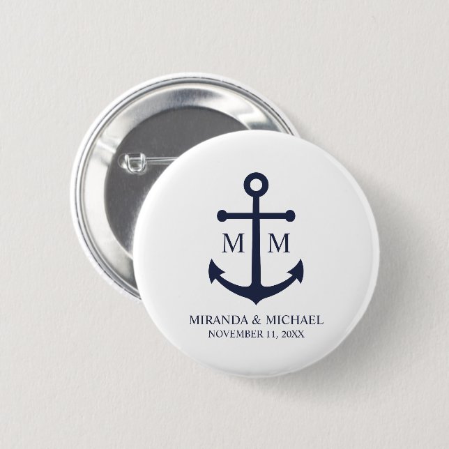 Nautical Navy Blue Anchor Bröllop Knapp (Framsida & baksida)
