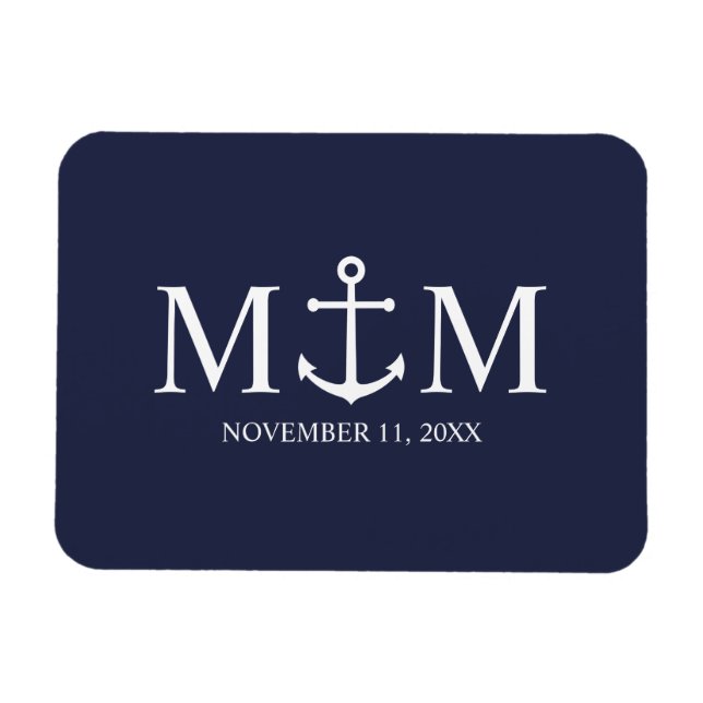 Nautical Navy Blue Anchor Bröllop Magnet (Horisontell)