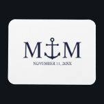 Nautical Navy Blue Anchor Bröllop Magnet<br><div class="desc">Lägg till en snyggt till ditt nautiska bröllop med den här klassiska marinens blå ankarbröllop. Designad med en marin blå ankarillustration har den personlig brud och groom monogram och bröllop-datum i ett marint blått serif-teckensnitt på vit bakgrund. Perfekt för nautiska bröllop,  strandlandskap med mera.</div>