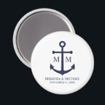 Nautical Navy Blue Anchor Bröllop Magnet<br><div class="desc">Lägg till en snyggt till ditt nautiska bröllop med den här klassiska marinens blå ankarbröllop. Designad med en marin blå ankarillustration har den personlig brid och groom monogram,  namn och bröllop i ett marint blått serif-teckensnitt på vit bakgrund. Perfekt för nautiska bröllop,  strandlandskap med mera.</div>