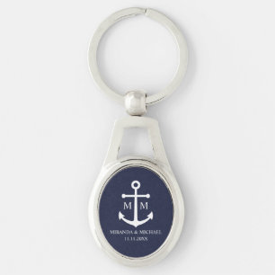 Nautical Navy Blue Anchor Bröllop Ovalt Silverfärgad Nyckelring