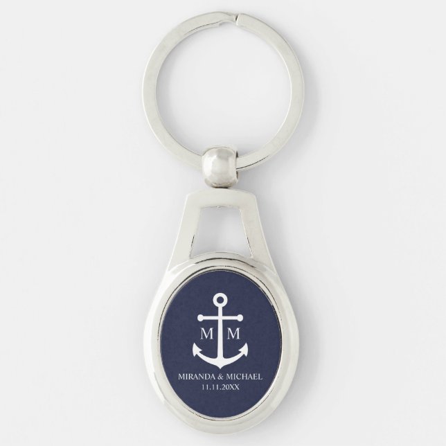 Nautical Navy Blue Anchor Bröllop Ovalt Silverfärgad Nyckelring (Framsidan)