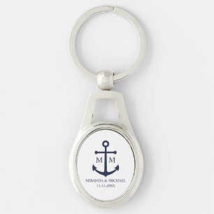 Nautical Navy Blue Anchor Bröllop Ovalt Silverfärgad Nyckelring