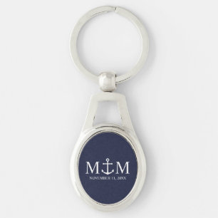 Nautical Navy Blue Anchor Bröllop Ovalt Silverfärgad Nyckelring