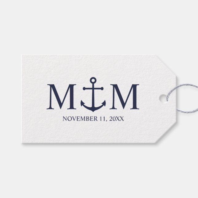 Nautical Navy Blue Anchor Bröllop Presentetikett (Framsidan (Horisontell))