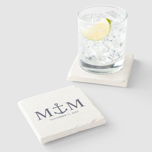 Nautical Navy Blue Anchor Bröllop Stenunderlägg (Sidan)