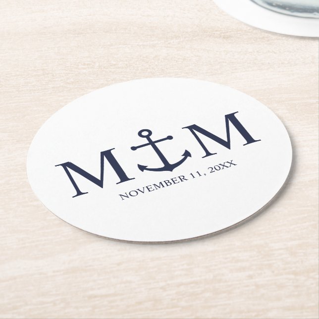 Nautical Navy Blue Anchor Bröllop Underlägg Papper Rund (Vinklad)