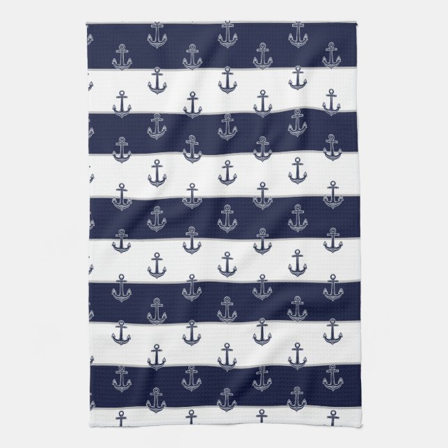 Nautical Navy Blue Anchor Coastal Monogram Kitche Kökshandduk (Vertikal)