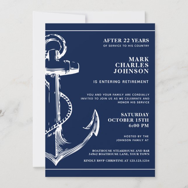 Nautical Navy Blue Anchor Pension Inbjudningar (Framsida)