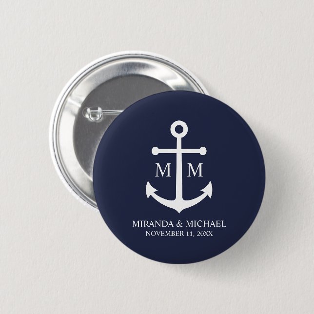 Nautical Navy Blue Anchor Wedding Knapp (Framsida & baksida)