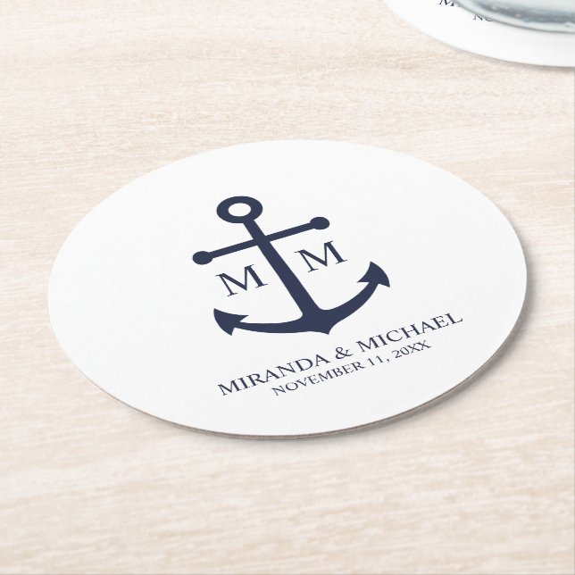 Nautical Navy Blue Anchor Wedding Underlägg Papper Rund (Vinklad)