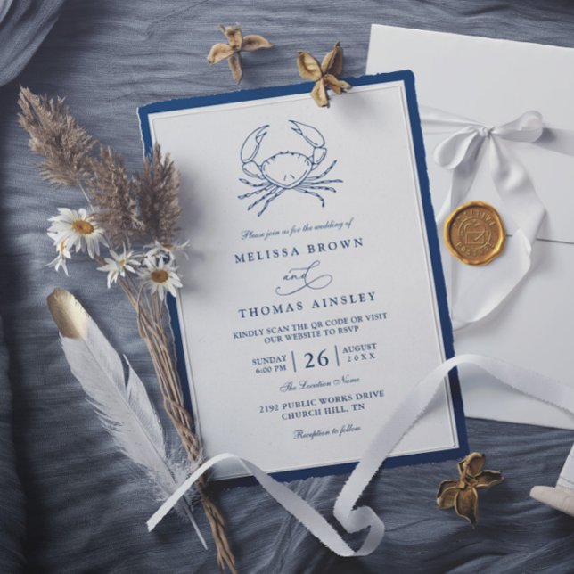 Nautical Navy Blue Crab Beach QR Code Wedding Inbjudningar (Skapare uppladdad)